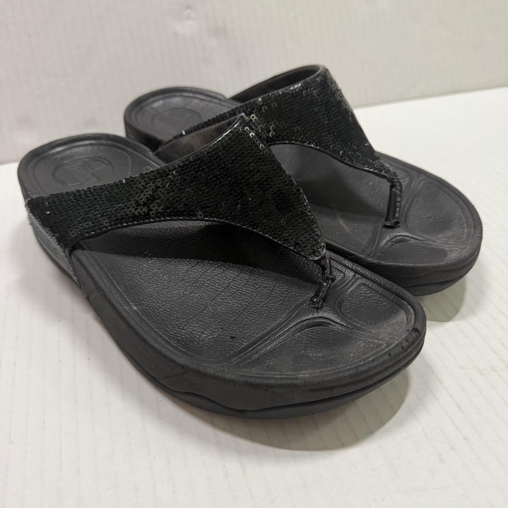 FitFlop Shoes Womens Size 5‎ Black Sequin Thong Flip Flop Wedge Sandals Comfort